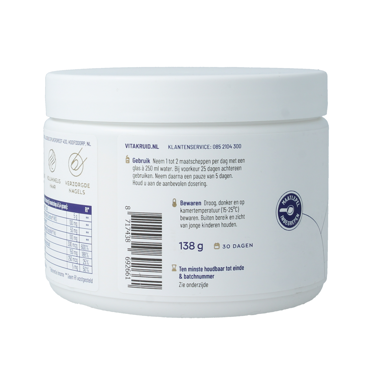 Vitakruid Beaute Collageen Complex with keratin and hyaluronic acid in a 138g container, showing the supplement packaging.