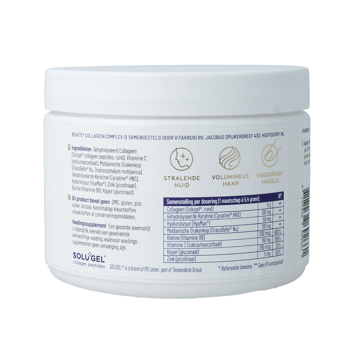 Vitakruid Beaute Collageen complex with keratin and hyaluronic acid, 138g, vitamin supplement for skin and hair health.