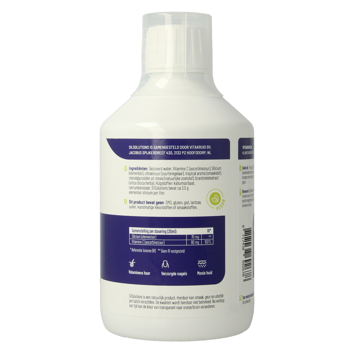 Bottle of Vitakruid SilSolutions Tropical 500 mineral supplement in a 500ml bottle, with a clear label and cap.