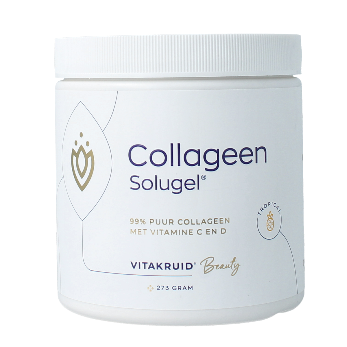 Vitakruid Collageen Solugel poeder with vitamine C & D in 273g container, showing the supplement powder and packaging.