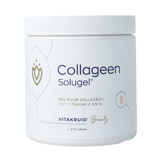 Vitakruid Collageen Solugel poeder with vitamine C & D in 273g container, showing the supplement powder and packaging.