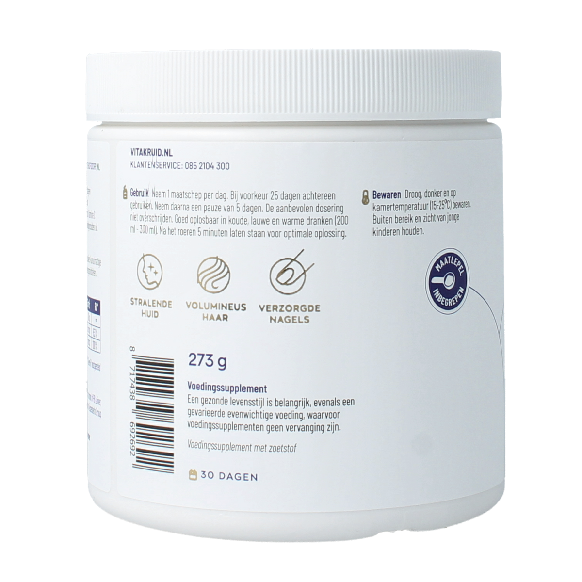Vitakruid collagen supplement powder with vitamin C and D, 273g, in a clear scoop, showing the textured powder and packaging.
