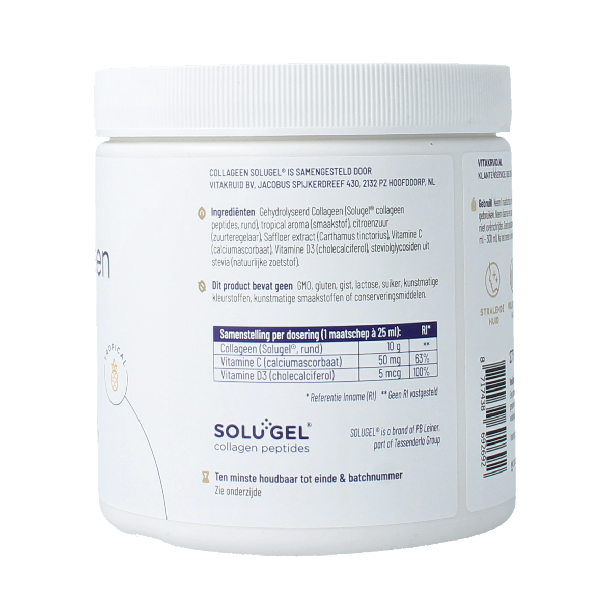 Vitakruid Collageen Solugel poeder with vitamine C and D in a 273g container, natural supplement for skin and joint health.