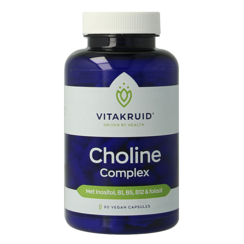 Vegetarian capsules of Vitakruid Choline Complex with Inositol, B1, B5, B12, and Folate, in a clear bottle.