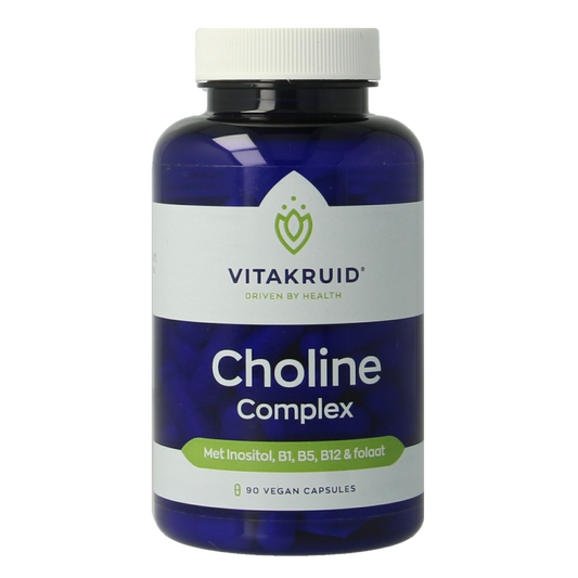 Vegetarian capsules of Vitakruid Choline Complex with Inositol, B1, B5, B12, and Folate, in a clear bottle.