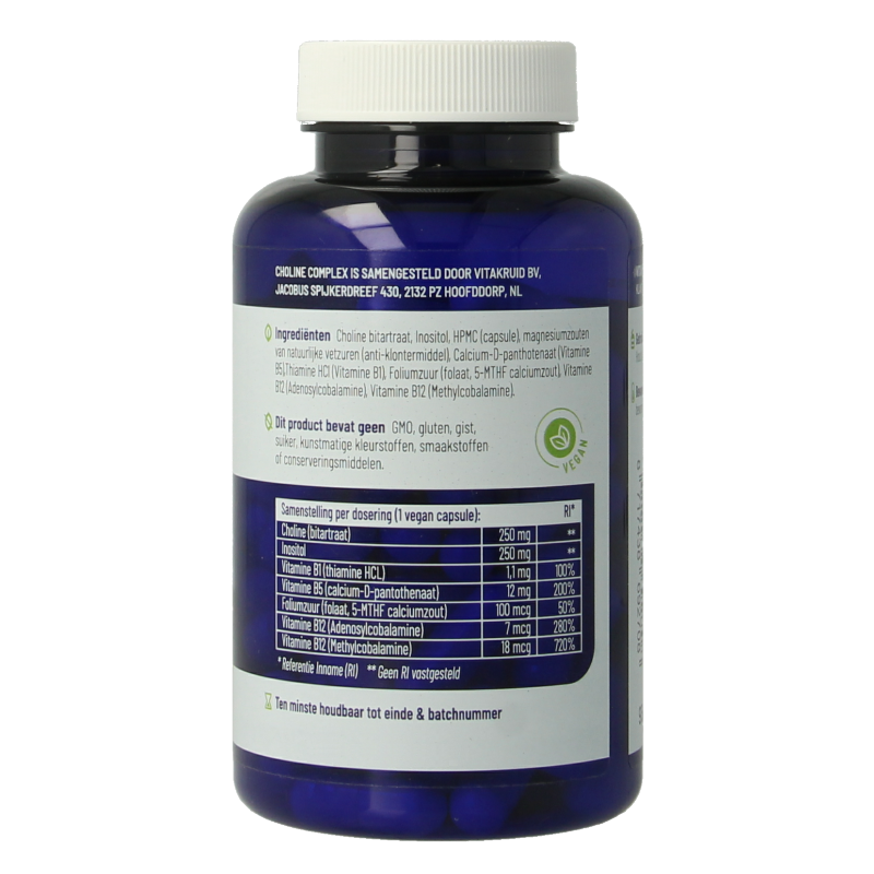 Bottle of Vitakruid Choline Complex vegetarian capsules containing Inositol, B1, B5, B12, and Folate, with 90 capsules.