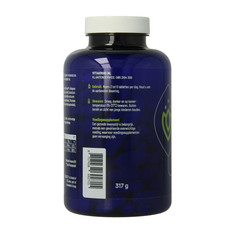 Vitakruid collagen supplement tablets with vitamin C and D, showing a bottle of 150 chewable tablets for skin and joint health.