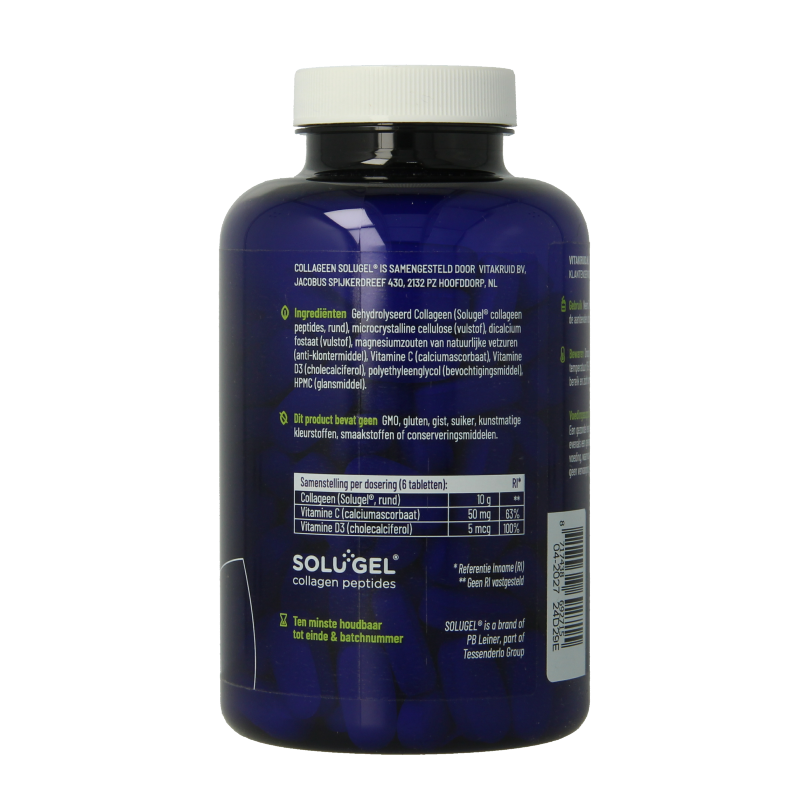 Vitakruid Collageen supplement tablets with vitamin C and D, showing 150 multi-vitamin tablets in a blister pack
