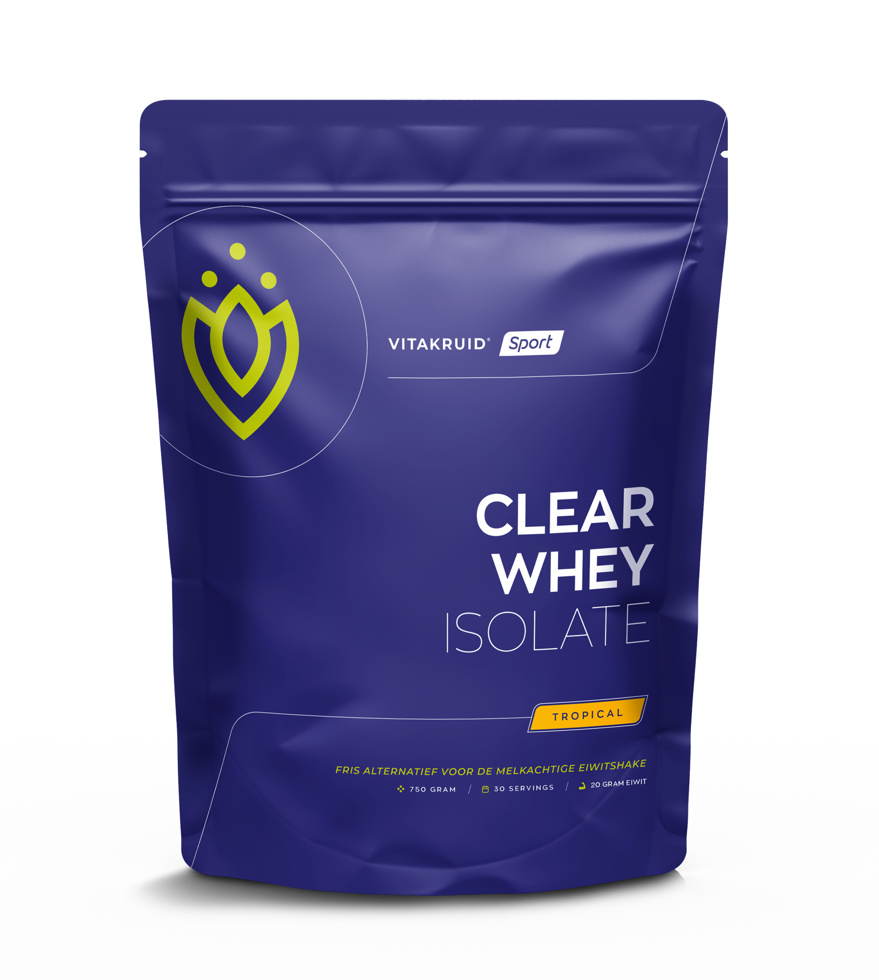 VITAKRUID Clear Whey Isolate Tropical amino acid supplement in 750g container, with tropical flavor and label visible.