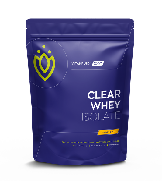 VITAKRUID Clear Whey Isolate Tropical amino acid supplement in 750g container, with tropical flavor and label visible.