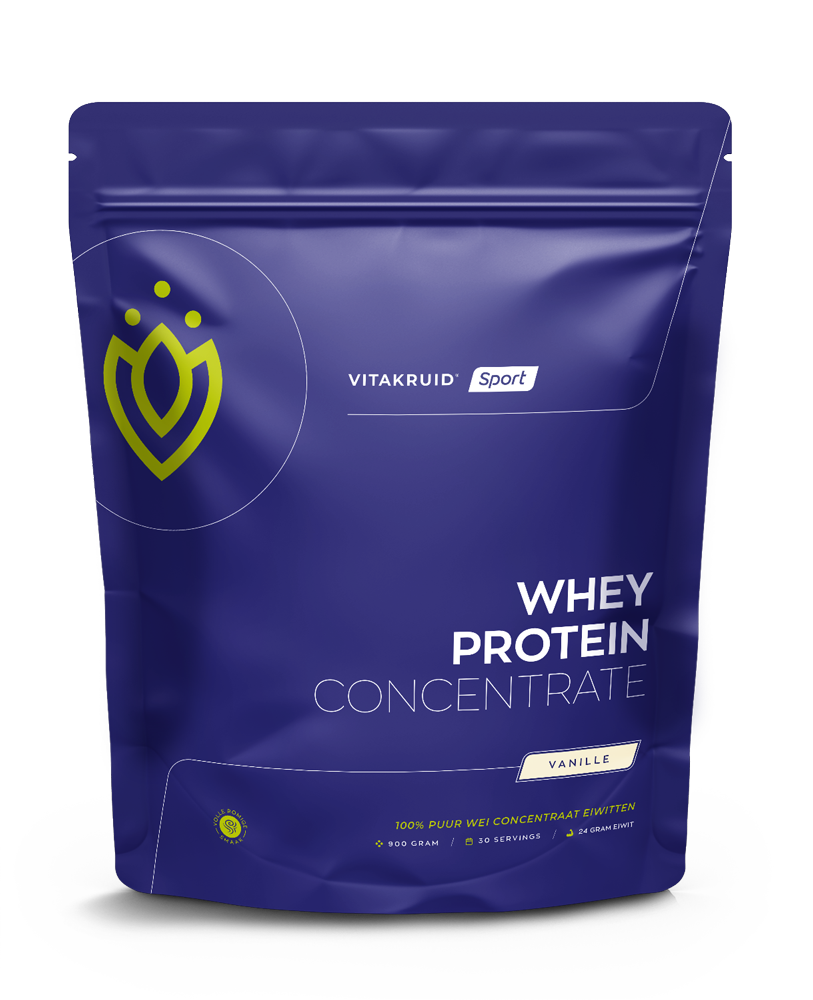 Vitakruid Whey Protein Concentrate Vanille in 900g container, showing the product packaging and label.
