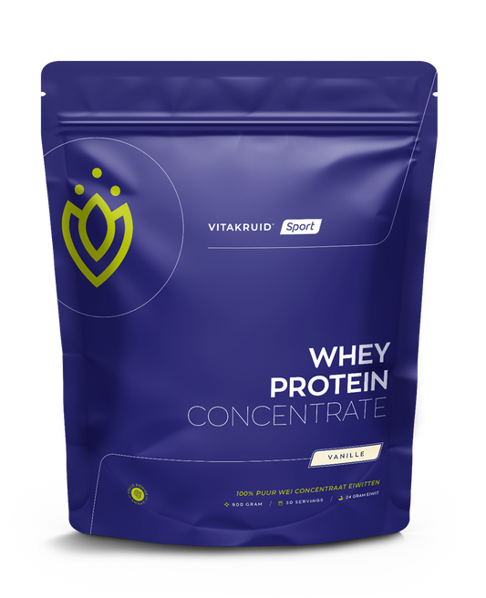Vitakruid Whey Protein Concentrate Vanille in 900g container, showing the product packaging and label.