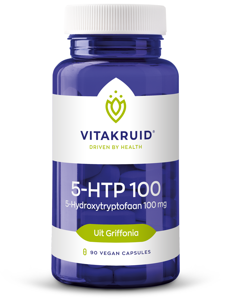 Vitakruid 5-HTP 100mg vegetarian capsules in a bottle, dietary supplement for mood and sleep support.
