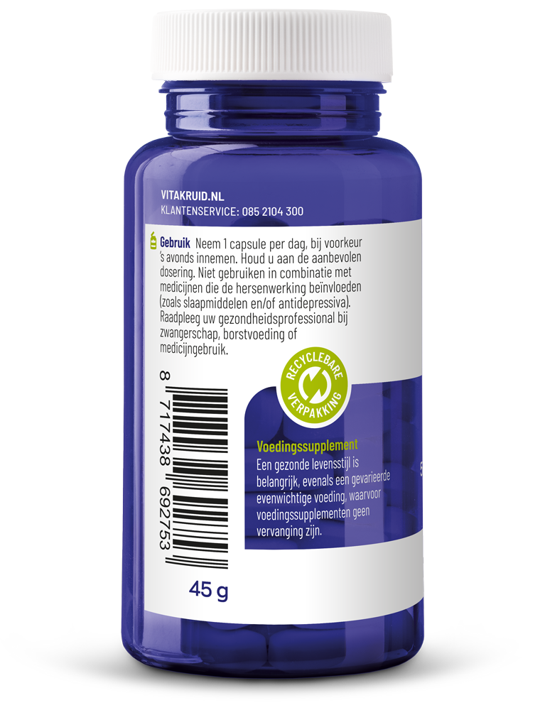 Vegetarische Vitakruid 5-HTP 100mg kruidenpreparaat capsules in een pot, geschikt voor supplementgebruik