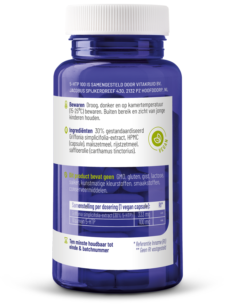 Vitakruid 5-HTP 100mg vegetarian capsules in a bottle, herbal supplement for mood support, shown with capsules and label