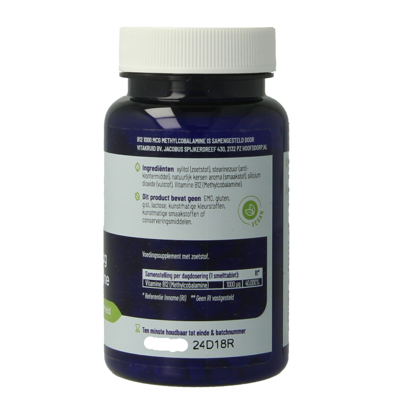 Vitakruid B12 1000 mcg methylcobalamin vitamin supplement in 180 melt tablets, showcasing the product packaging and tablets.