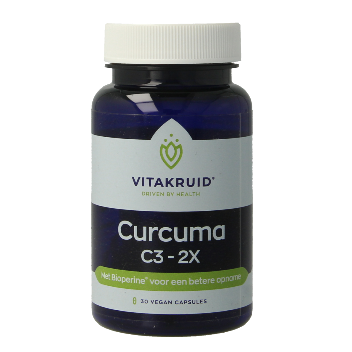 Vegetarische capsules van Vitakruid Curcuma C3-2X met 95% curcuminoïden en Bioperine, kruidenpreparaat in open verpakking