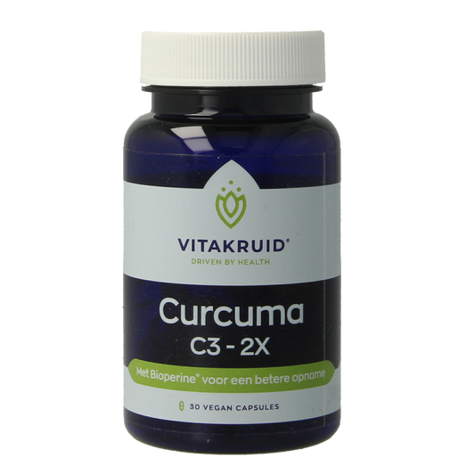 Vegetarische capsules van Vitakruid Curcuma C3-2X met 95% curcuminoïden en Bioperine, kruidenpreparaat in open verpakking