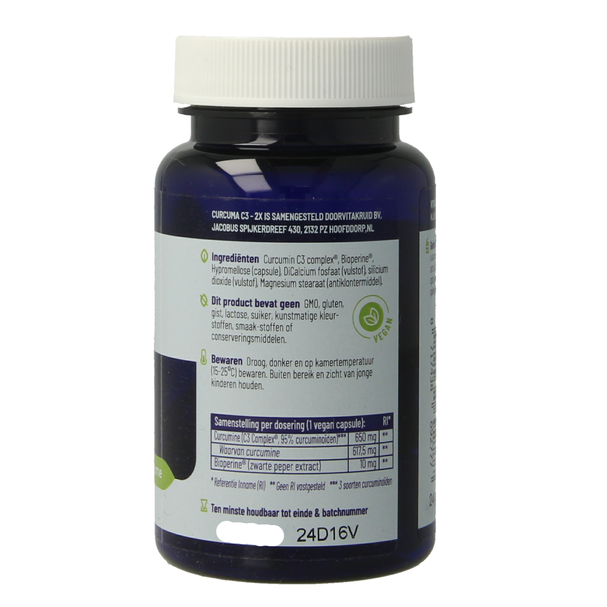 Vegetarian capsules of Vitakruid Curcuma C3-2X with Bioperine, containing 95% curcuminoids, in a clear bottle.