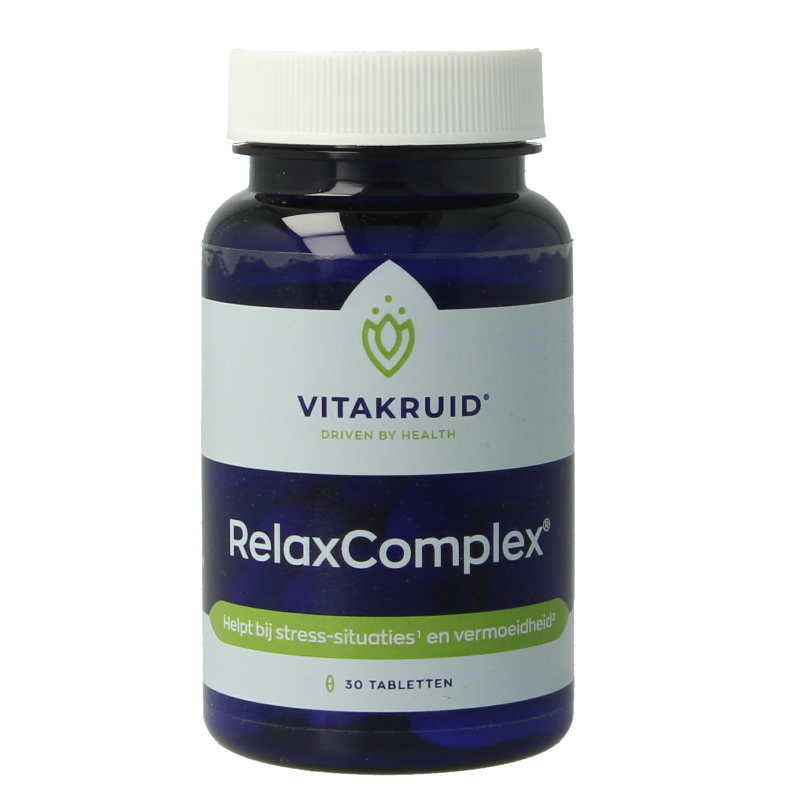 Bottle of Vitakruid RelaxComplex oa herbal supplement with magnesium, vitamin D3, and tablets showing the product label and tablets inside