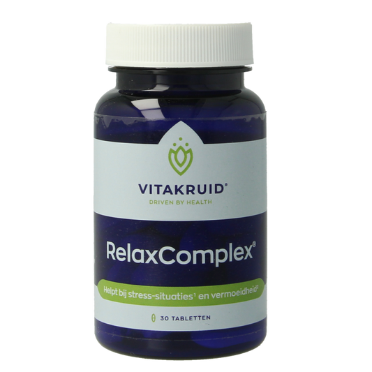 Bottle of Vitakruid RelaxComplex oa herbal supplement with magnesium, vitamin D3, and tablets showing the product label and tablets inside