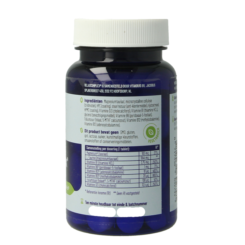 Vitakruid RelaxComplex magnesium tauraat and vitamin D3 herbal supplement tablets in a container, natural health product.