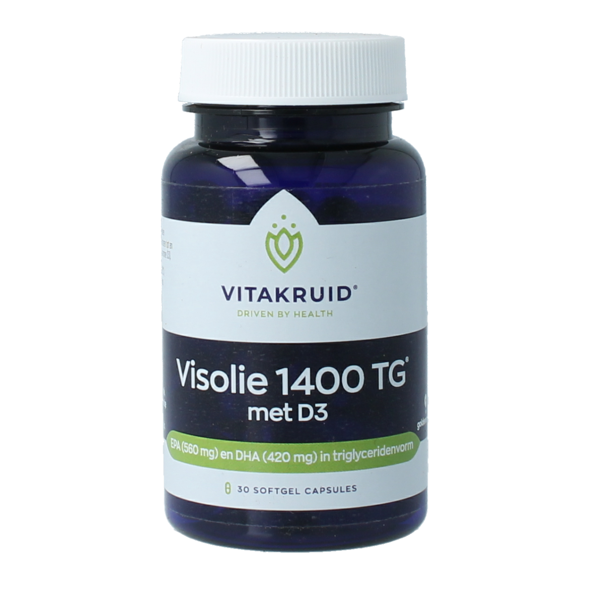 Vitakruid Visolie 1400 TG softgels with D3, omega triglyceride fish oil supplement in a blister pack