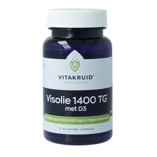 Vitakruid Visolie 1400 TG softgels with D3, omega triglyceride fish oil supplement in a blister pack