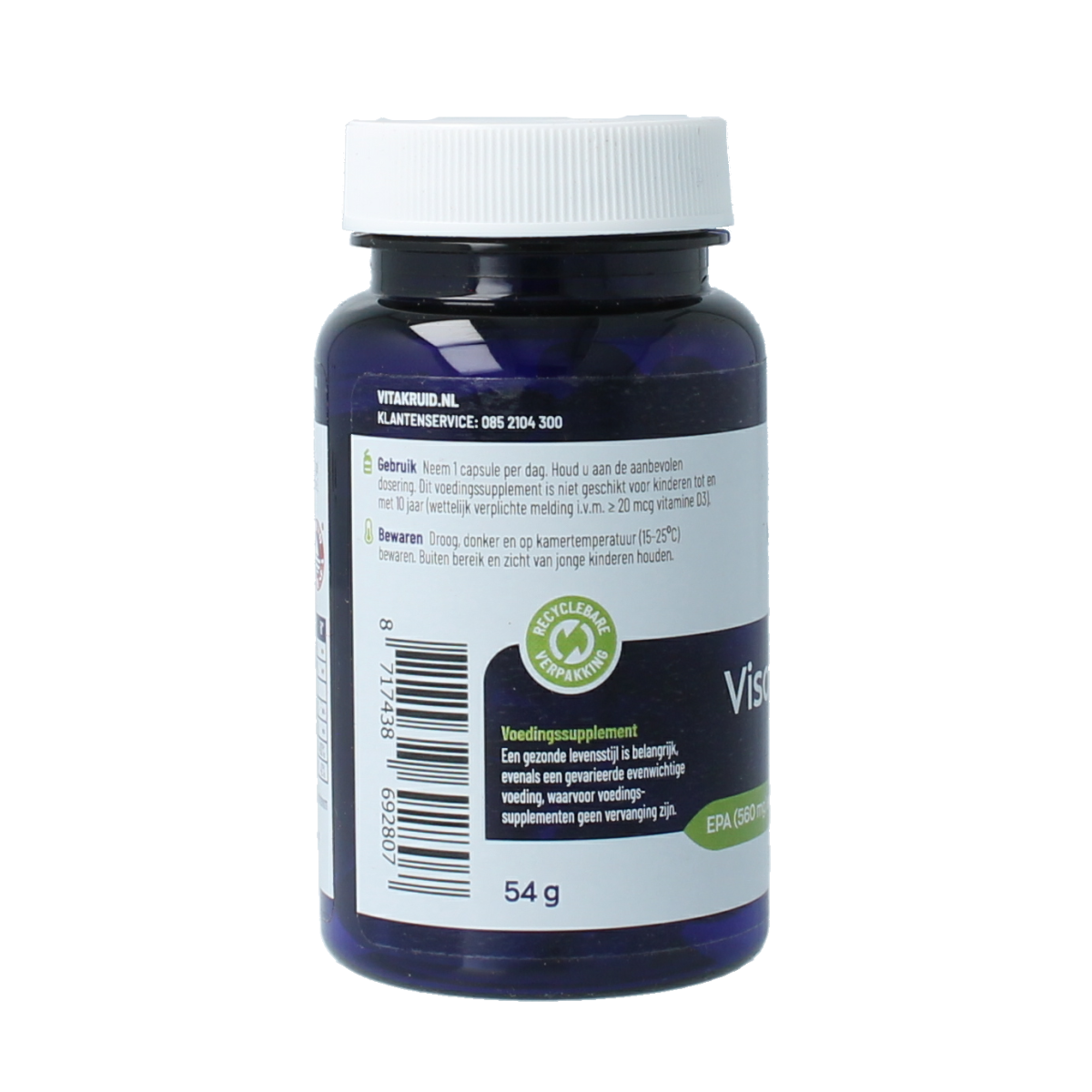 Softgel bottle of Vitakruid Visolie 1400 TG with D3, omega-3 fatty acids, in clear softgel capsules, displayed with product label.