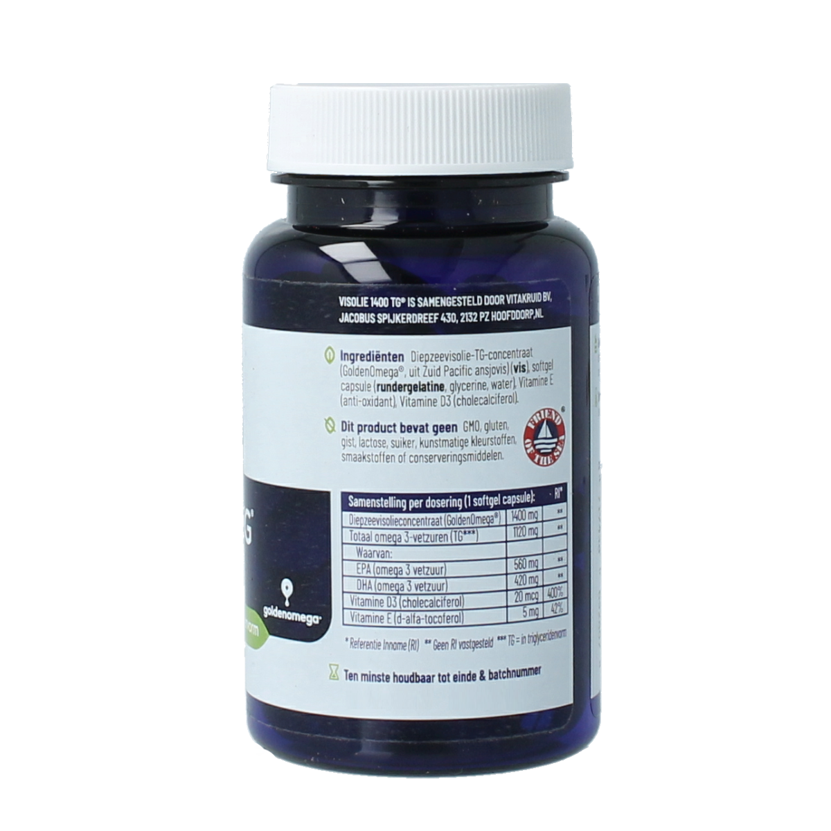 Vitakruid Visolie 1400 TG triglyceride softgels with D3, dietary omega-3 oil supplement, 30 softgels in a clear bottle.