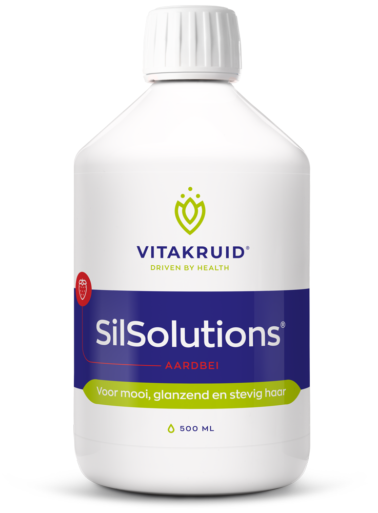 Bottle of Vitakruid SilSolutions aardbei mineralen multi supplement in 500ml bottle, featuring pink strawberry flavor labeling.
