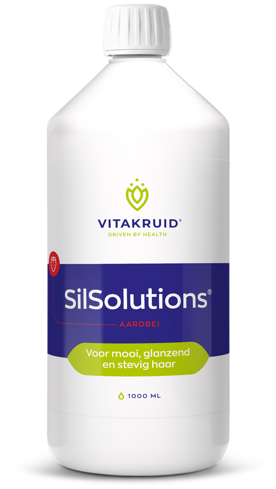 Bottle of Vitakruid SilSolutions aardbei mineralen multi supplement, 1000 ml in a clear container with a pink label.