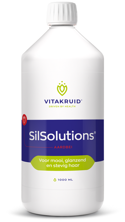 Bottle of Vitakruid SilSolutions aardbei mineralen multi supplement, 1000 ml in a clear container with a pink label.
