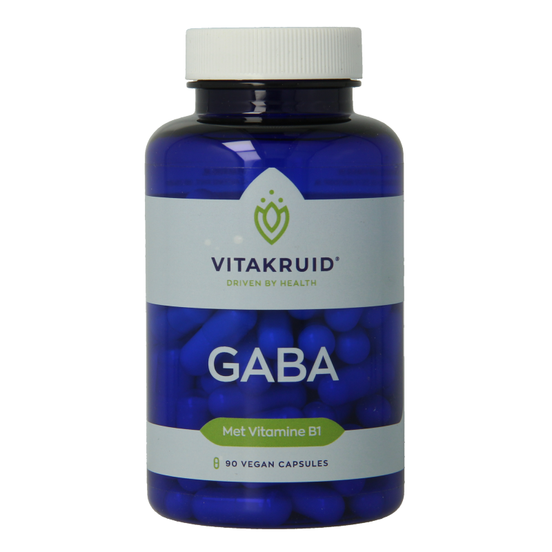 Vegetarian GABA amino acid capsules by Vitakruid, shown in clear bottle with label, containing 90 dietary supplement capsules.