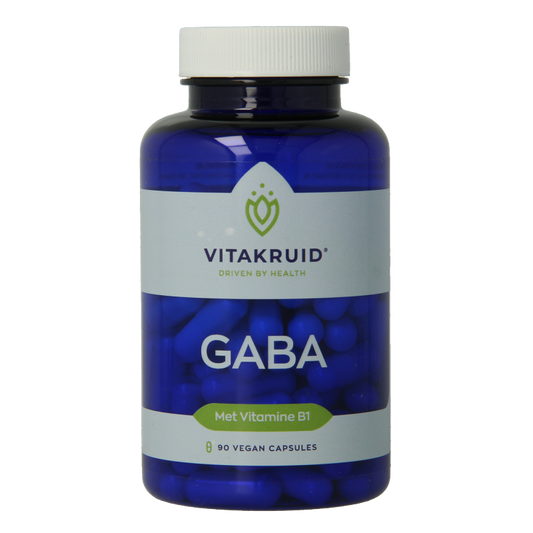 Vegetarian GABA amino acid capsules by Vitakruid, shown in clear bottle with label, containing 90 dietary supplement capsules.