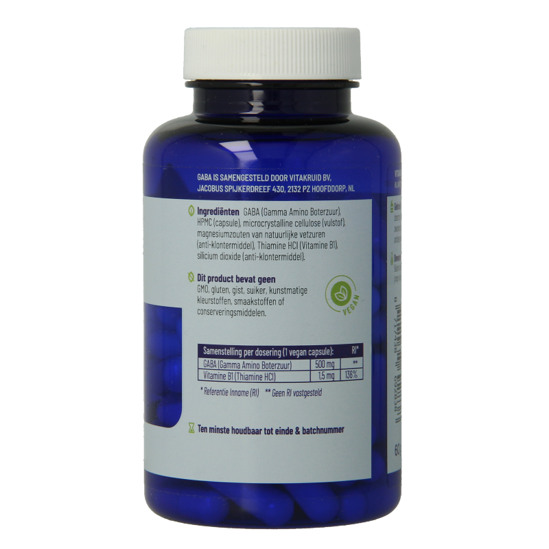 Bottle of Vitakruid GABA 90 vegetarian amino acid capsules with clear label and green cap, displayed on a white background.