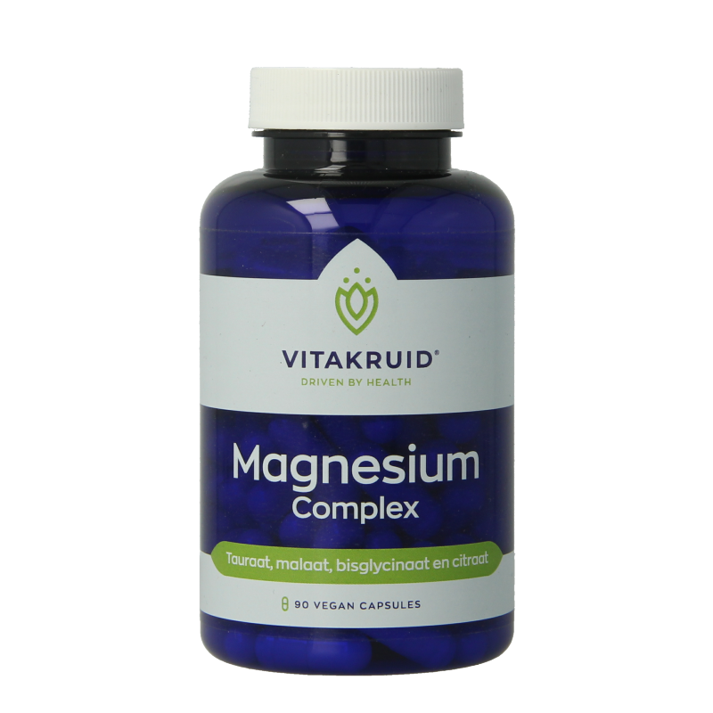 Vitakruid Magnesium Complex capsules featuring magnesium taurate, malate, and bisglycinate in a vegetarian supplement bottle.