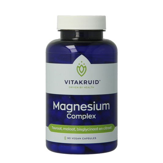 Vitakruid Magnesium Complex capsules featuring magnesium taurate, malate, and bisglycinate in a vegetarian supplement bottle.