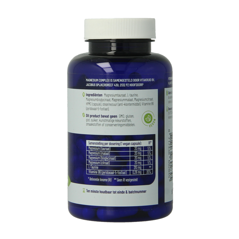 Vitakruid Magnesium Complex capsules in vegetarian bottle, showing 90 mineral supplement capsules with magnesium taurate, malate, and bisglycinate.