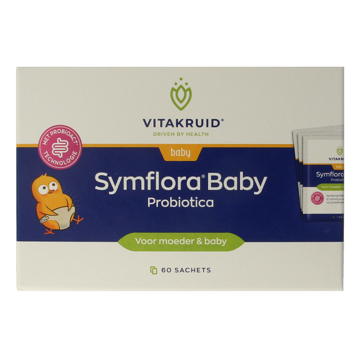 Vitakruid Symflora Baby Probiotica sachets with beneficial micro-organisms for mother and baby health.