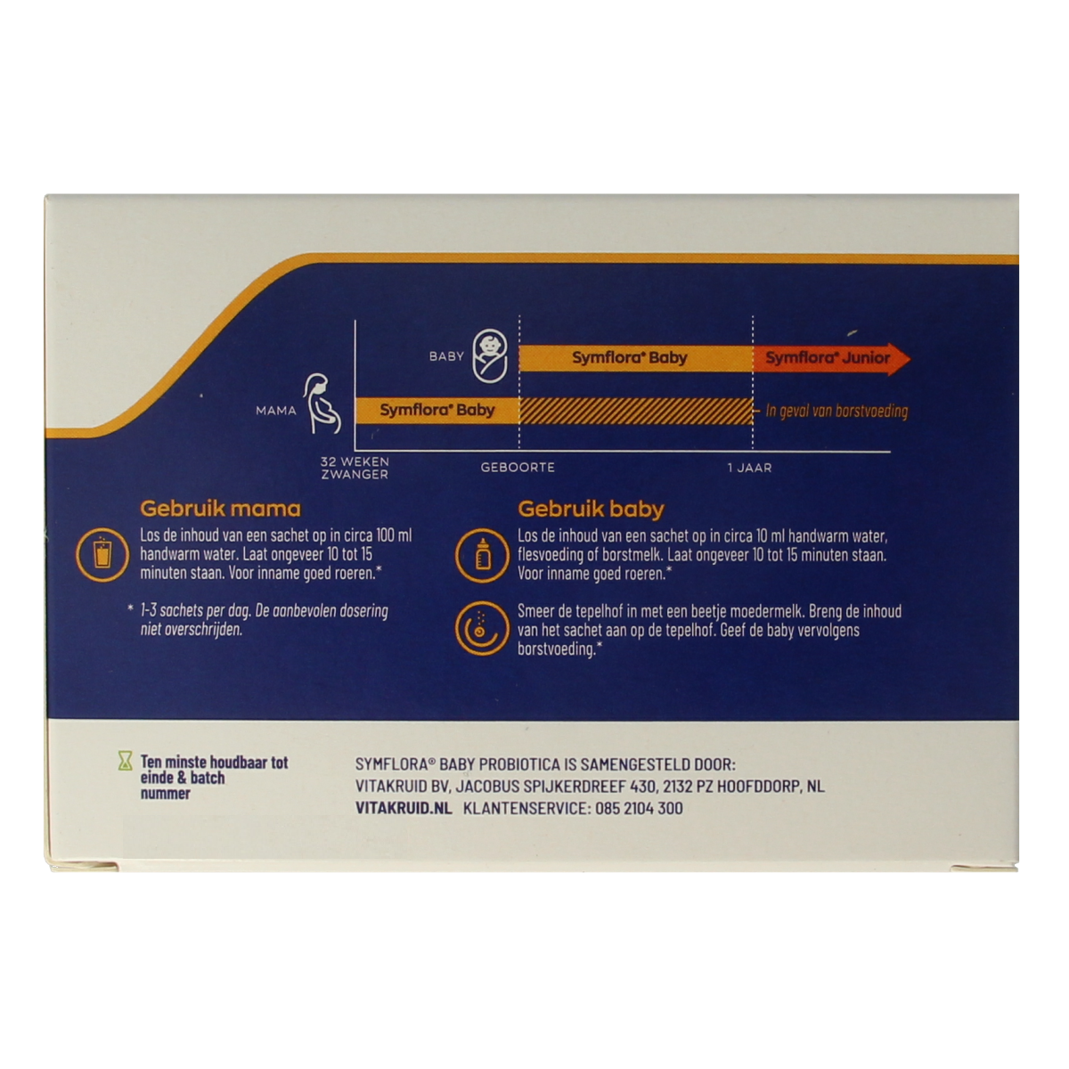 Vitakruid Symflora Baby probiotic sachets with micro-organisms for mother and baby, featuring 60 sachets in the image.