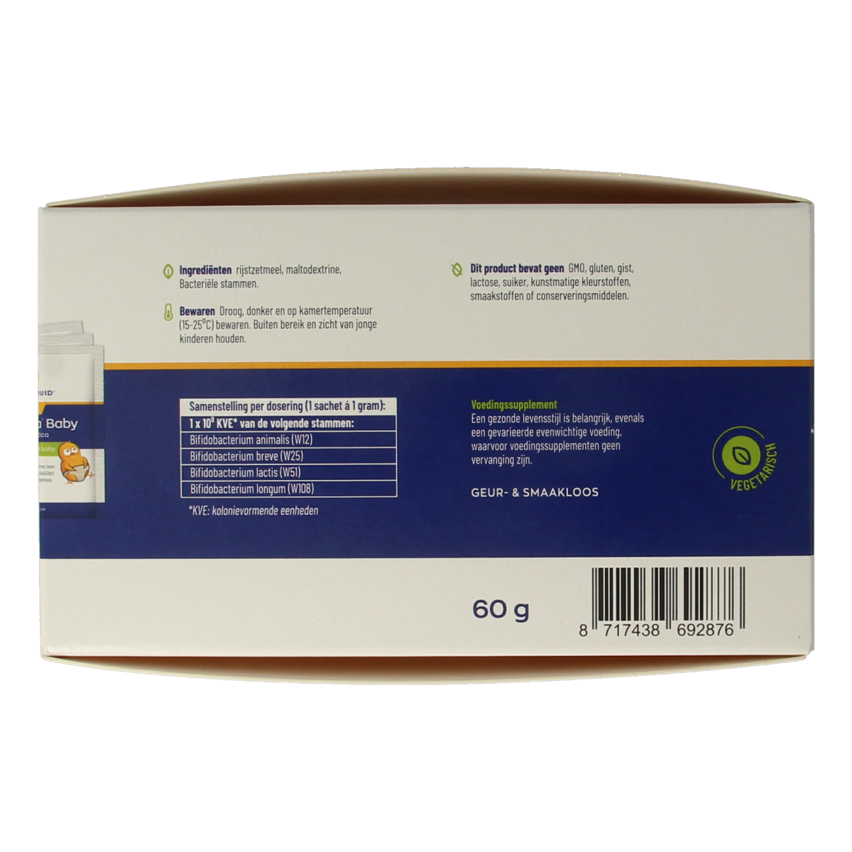 Vitakruid Symflora Baby Probiotica sachets with micro-organisms for mother and baby, showing the product packaging and sachets.