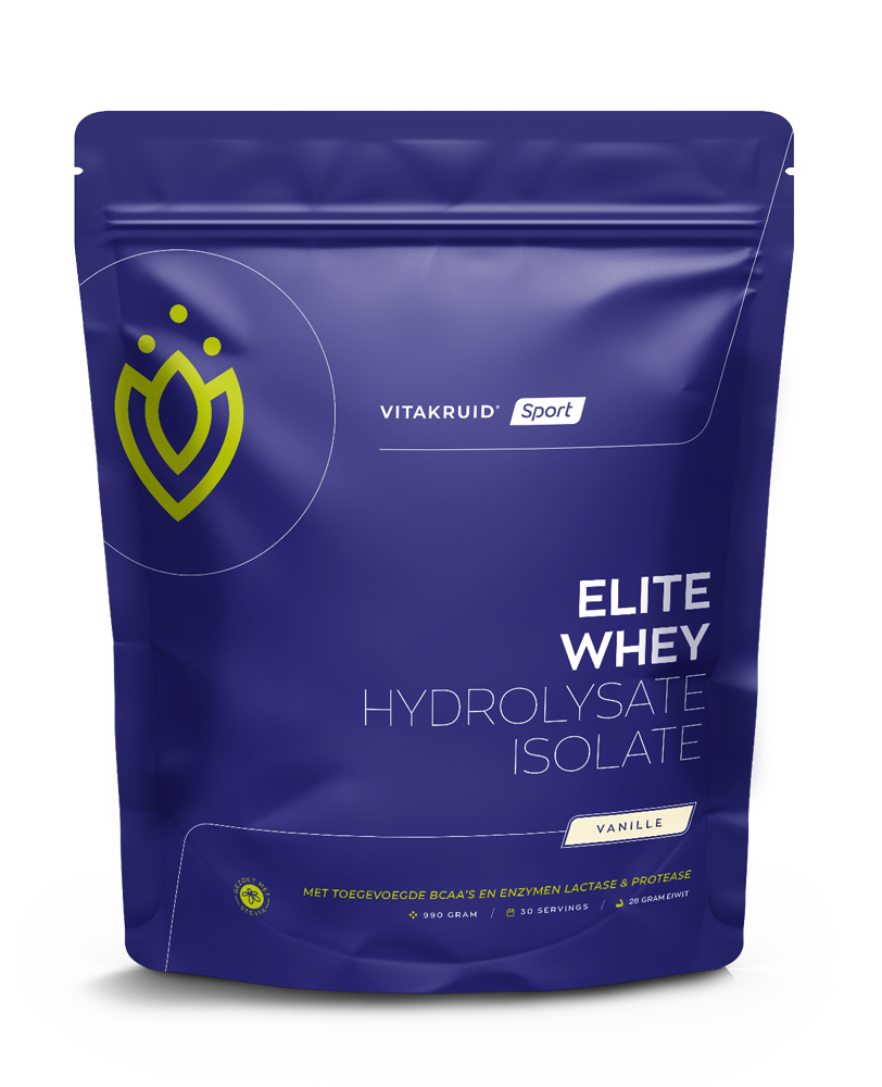 Vitakruid Elite whey protein isolate and hydrolysate vanilla flavor in a 990g container, raw and superfood supplement.