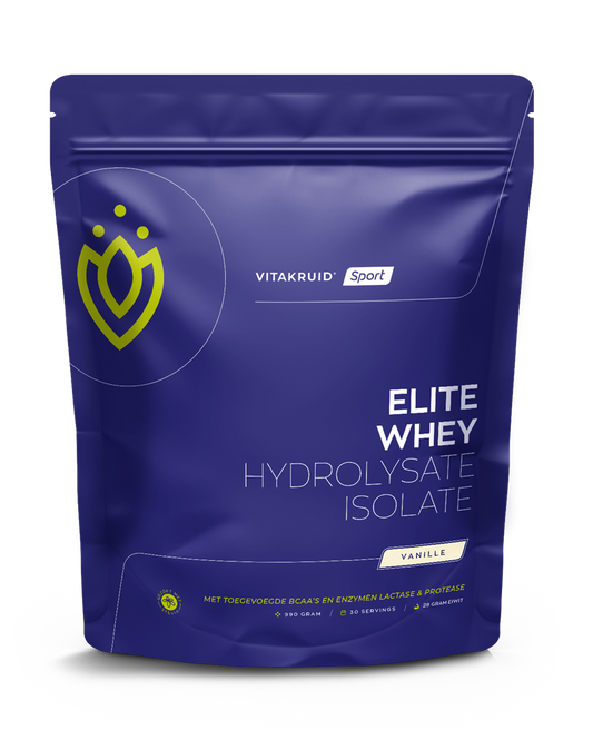 Vitakruid Elite whey protein isolate and hydrolysate vanilla flavor in a 990g container, raw and superfood supplement.