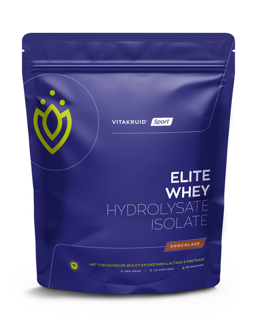 Vitakruid Elite whey protein hydrolysate and isolate in chocolate flavor, 990g, packaged in a resealable bag for raw and superfoods.