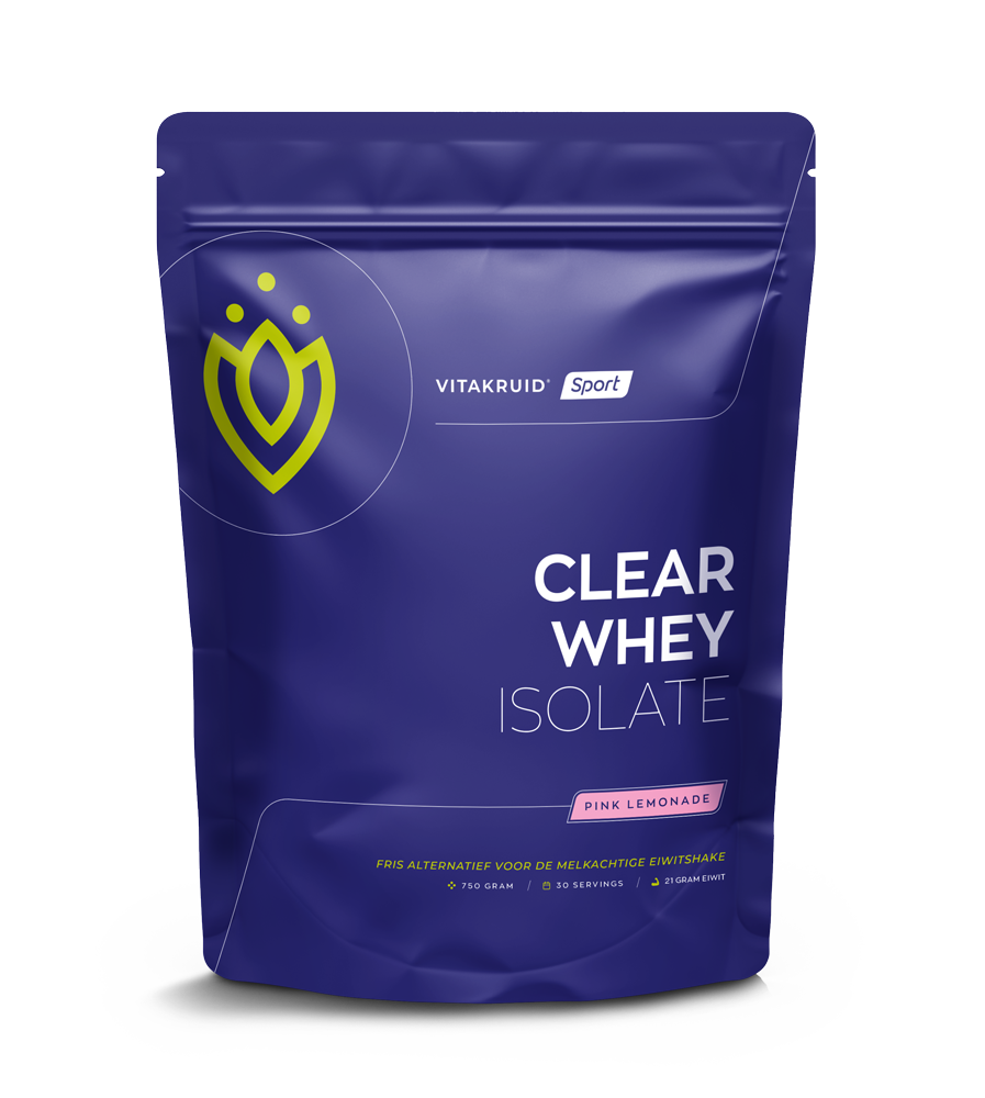 Vitakruid Clear Whey Isolate Pink Lemonade amino acid supplement in 750g container, fresh pink lemonade flavor, protein powder.
