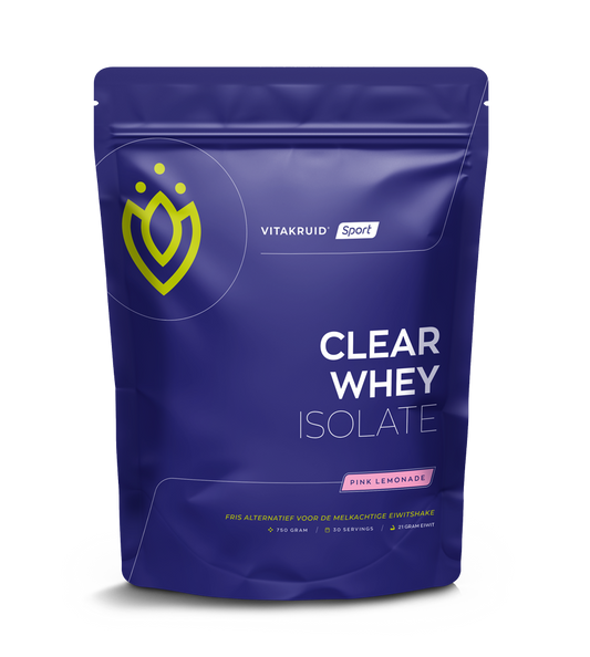 Vitakruid Clear Whey Isolate Pink Lemonade amino acid supplement in 750g container, fresh pink lemonade flavor, protein powder.
