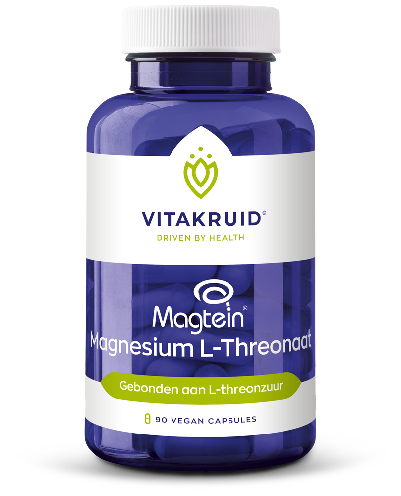 Vegetarische capsules van Vitakruid Magnesium L-threonaat met gepatenteerd magtein, kruidenpreparaat voor magnesiumsuppletie.
