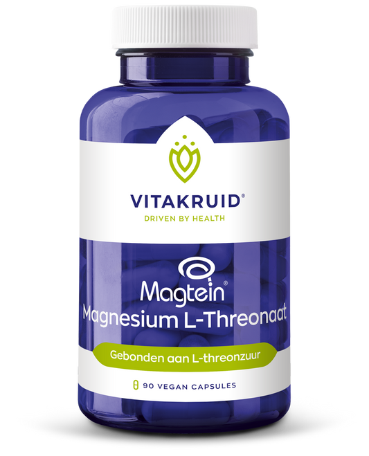 Vegetarische capsules van Vitakruid Magnesium L-threonaat met gepatenteerd magtein, kruidenpreparaat voor magnesiumsuppletie.