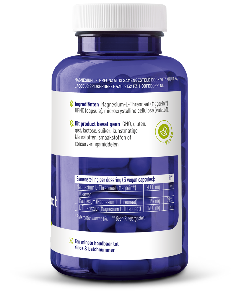 Vitatruid Magnesium L-threonaat vegetarische capsules, kruidenpreparaat met gepatenteerd magtein, close-up of the supplement bottle and capsules